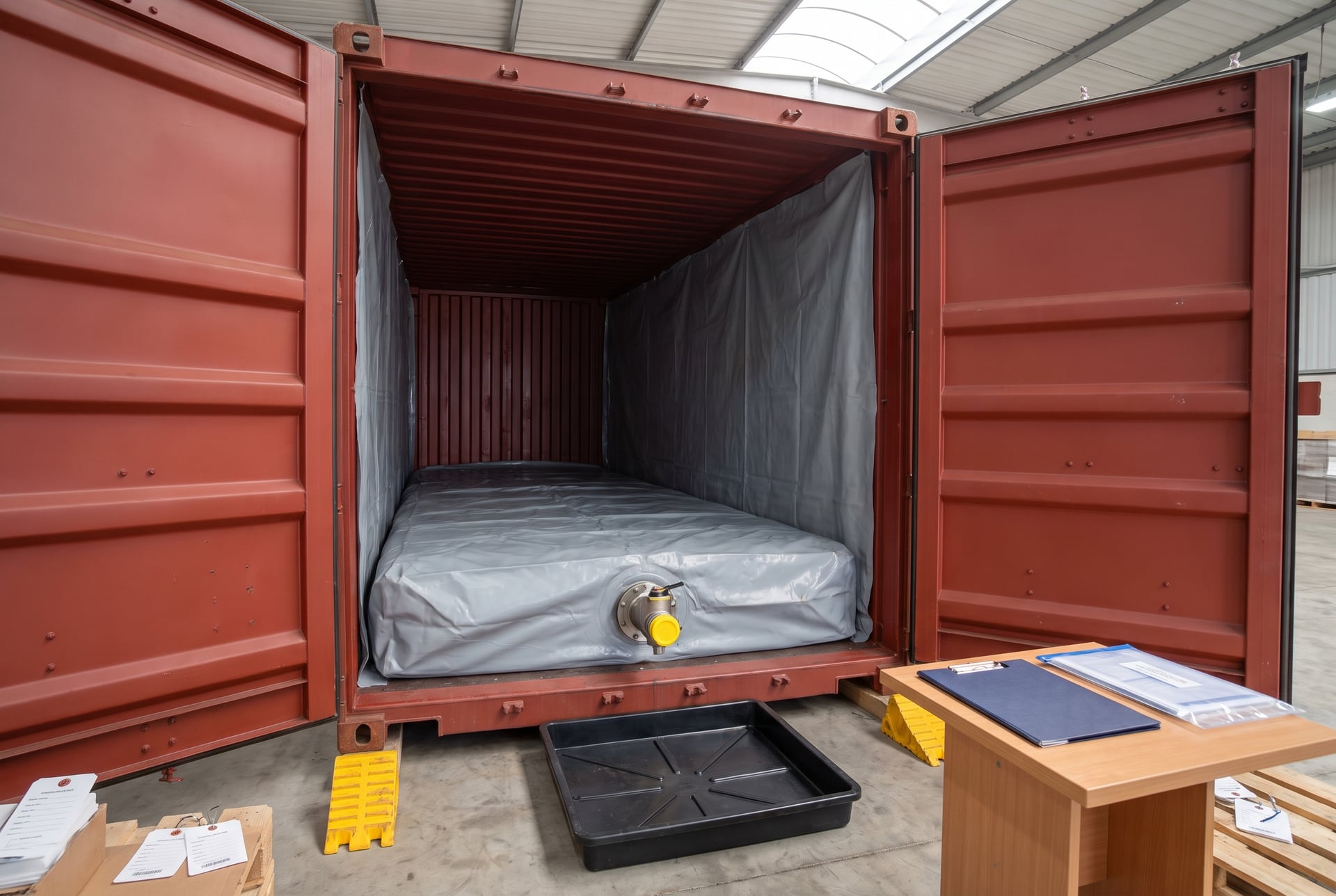 Flexitank container prepared for bulk liquid shipment