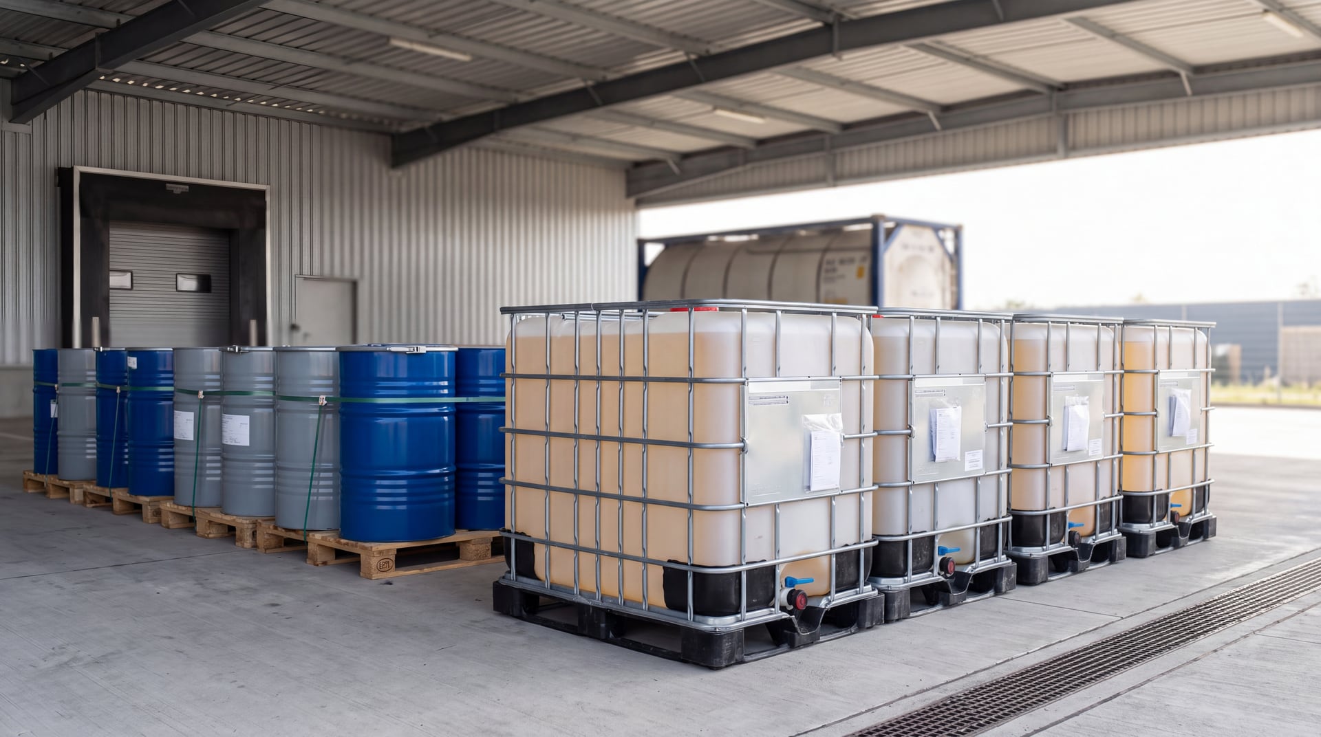 IBC containers and drums in a covered base-oil logistics area