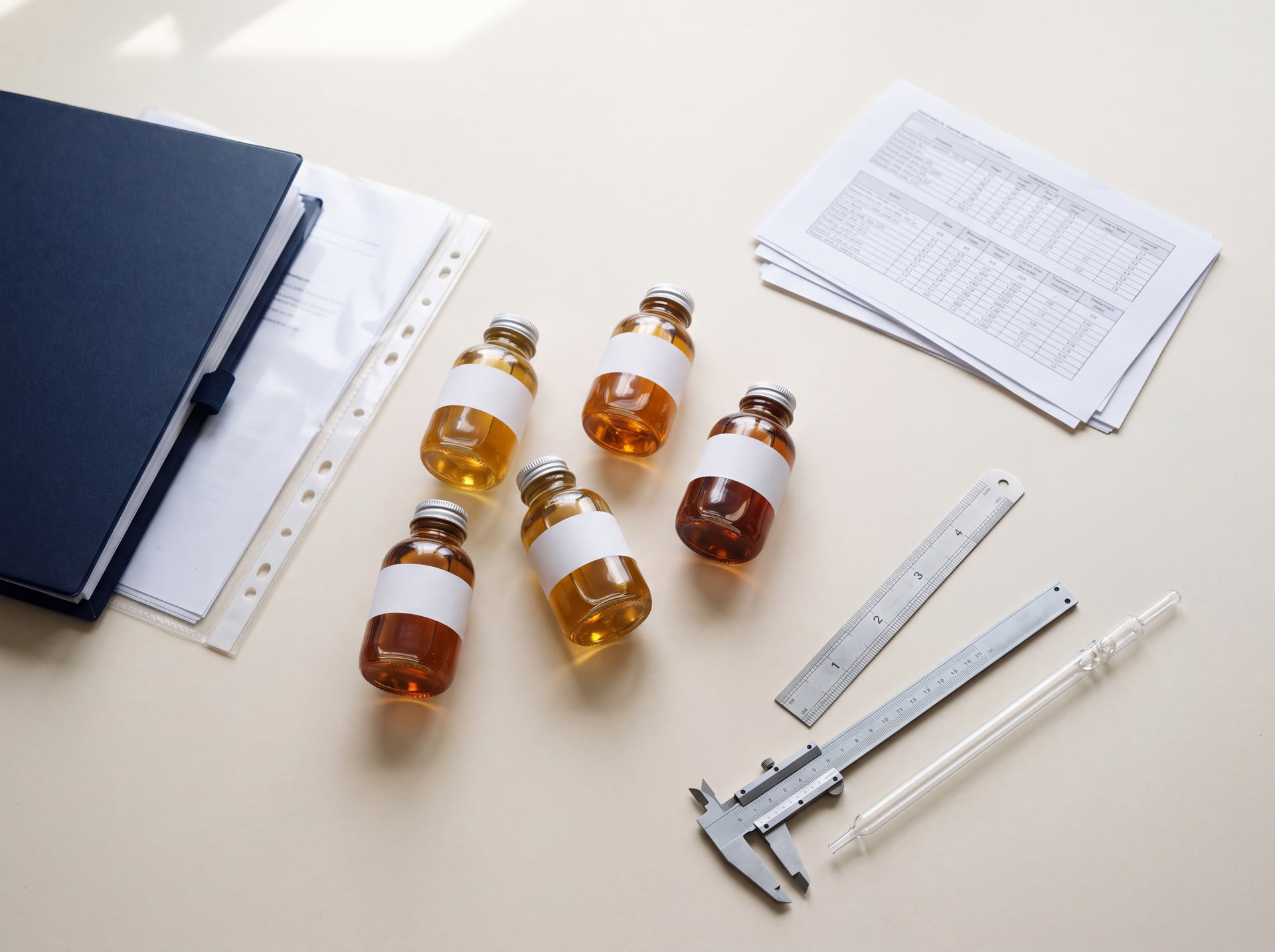 Lubricant samples and product documents prepared for technical review