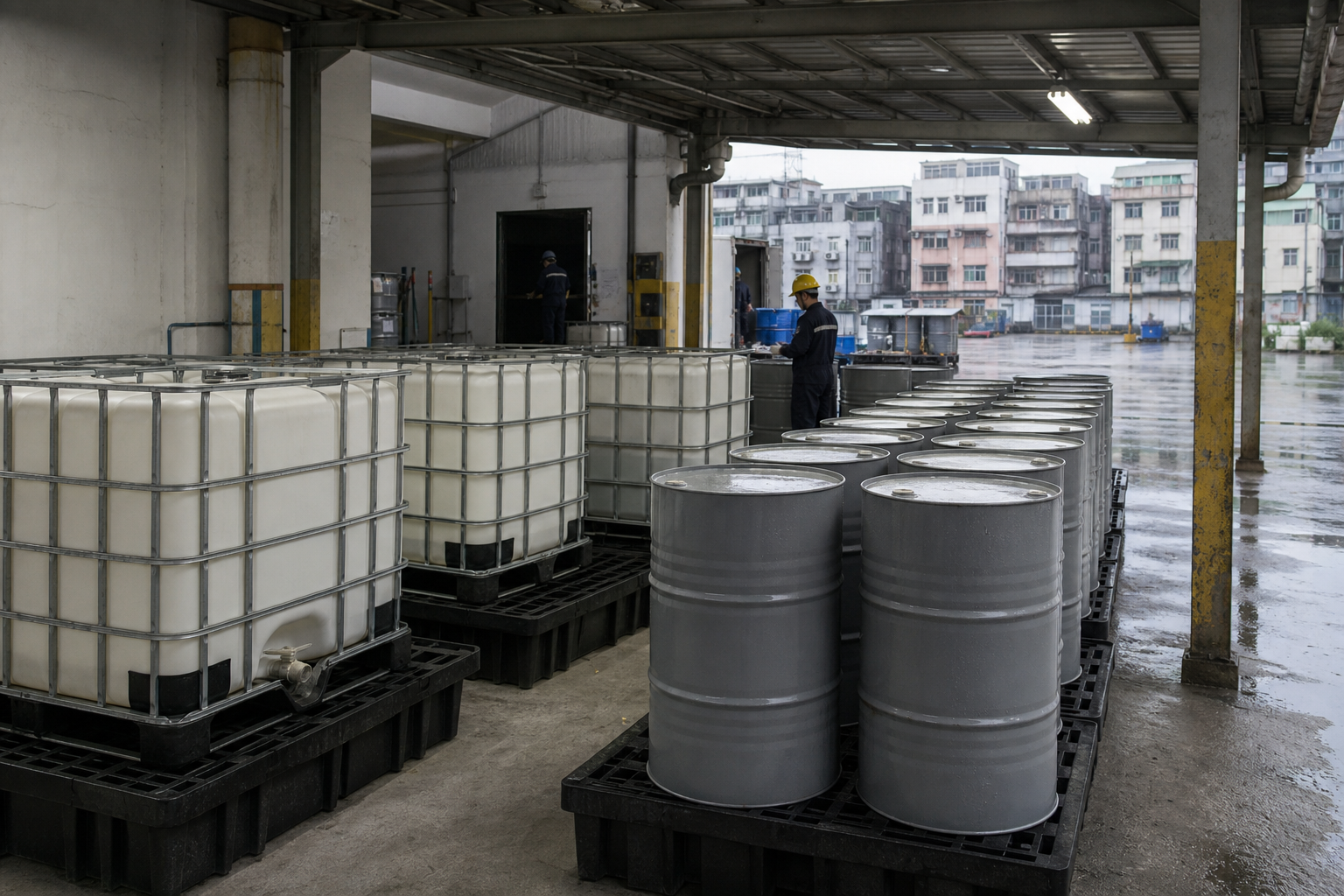 Sealed IBC containers and steel drums prepared for a base-oil shipment