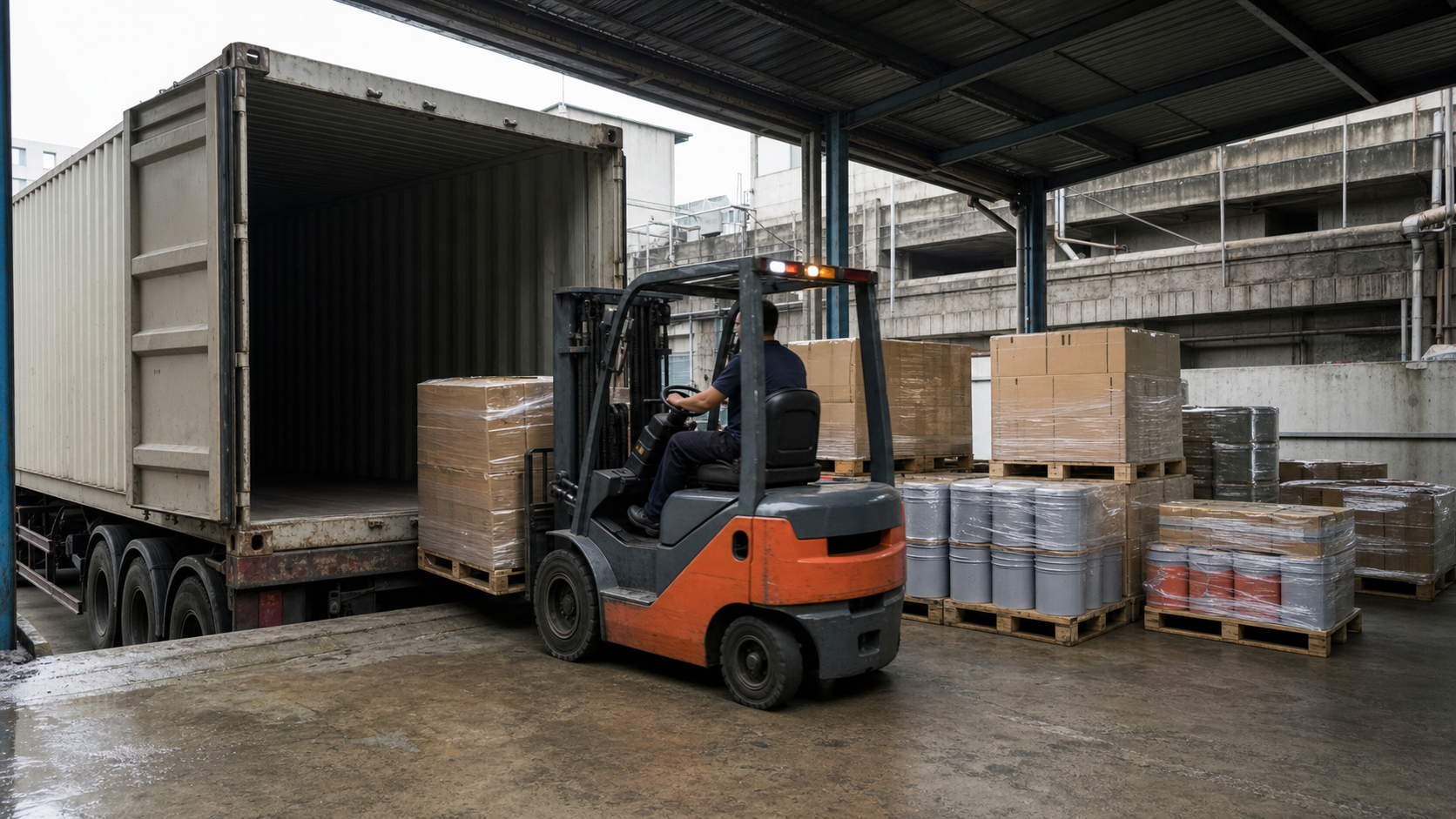 Mixed cargo being consolidated into an export container