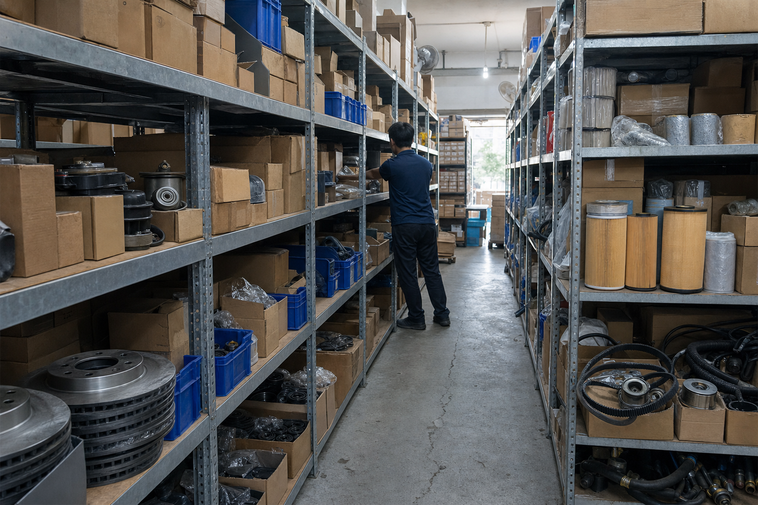 Automotive filters, brake parts and sealed cartons on warehouse shelving