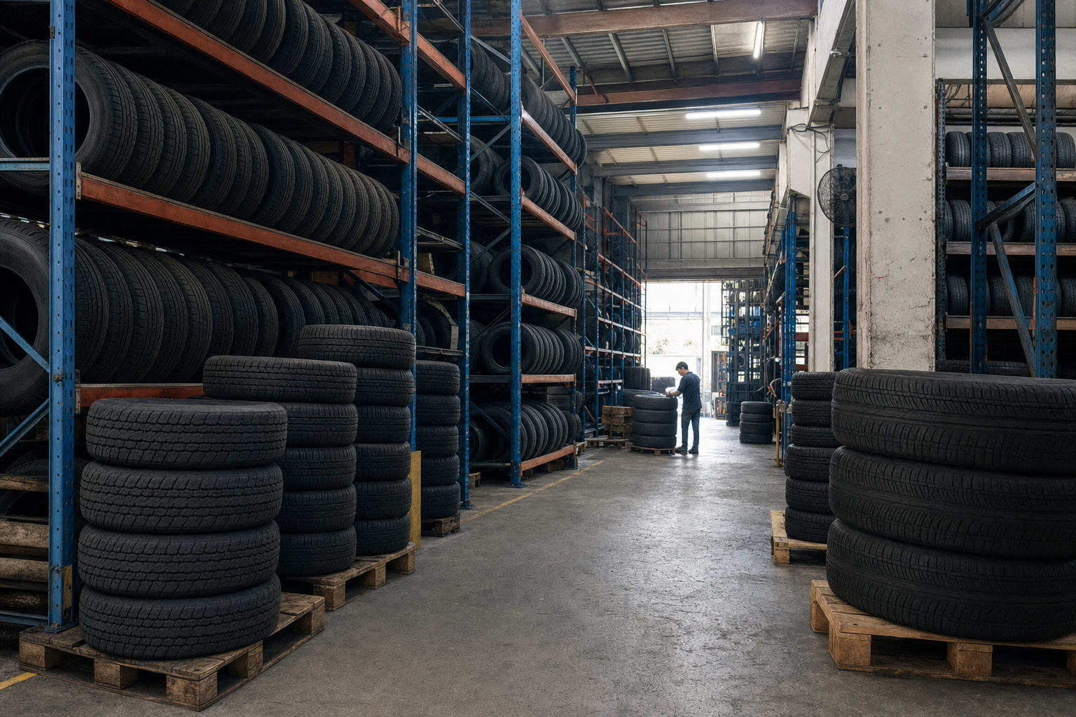 Mixed passenger and commercial tire lots arranged on warehouse racks